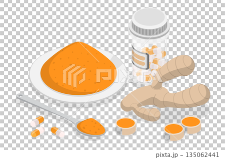 3D Isometric Flat Illustration of Curcumin, Supplements And Turmeric Herb Powder Or Pills 3D Isometric Flat Illustration of Curcumin, Supplements And Turmeric Herb Powder Or Pills 135062441