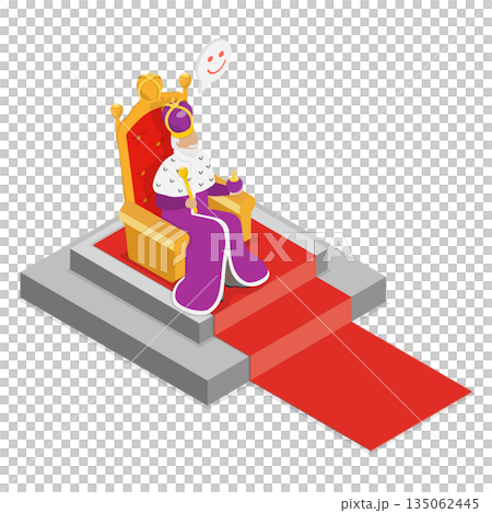 3D Isometric Flat  Illustration of King On Throne, Joyful Monarch Man 135062445