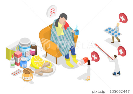 3D Isometric Flat Illustration of Influenza, Young Girl With Quinsy Or Other Viral Cold Symptoms 3D Isometric Flat Illustration of Influenza, Young Girl With Quinsy Or Other Viral Cold Symptoms 135062447