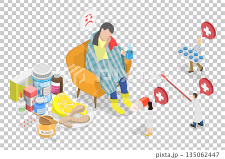 3D Isometric Flat Illustration of Influenza, Young Girl With Quinsy Or Other Viral Cold Symptoms 3D Isometric Flat Illustration of Influenza, Young Girl With Quinsy Or Other Viral Cold Symptoms 135062447