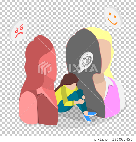 3D Isometric Flat  Illustration of Bipolar Disorder, Imposter Syndrome, Masks With Expressions 135062450