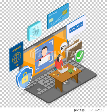 3D Isometric Flat Illustration of Know Your Client, Business Identification And Financial Safety Through KYC Compliance 3D Isometric Flat Illustration of Know Your Client, Business Identification And Financial Safety Through KYC Compliance 135062452