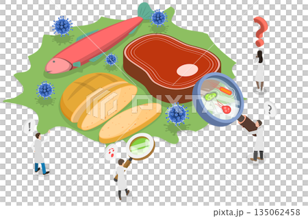3D Isometric Flat  Illustration of Damaged Food, Magnifying Glass Revealing Bacteria On Food 135062458