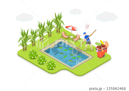 3D Isometric Flat Illustration of Pool Cleaning, Proper Care For Your Pool 3D Isometric Flat Illustration of Pool Cleaning, Proper Care For Your Pool 135062468