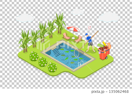 3D Isometric Flat Illustration of Pool Cleaning, Proper Care For Your Pool 3D Isometric Flat Illustration of Pool Cleaning, Proper Care For Your Pool 135062468
