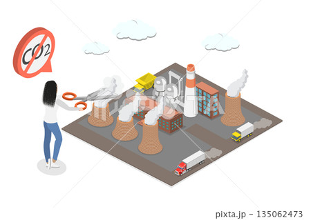 3D Isometric Flat Illustration of CO2 Reduction, Businesswoman Reduces Air Pollution, And Ecological Issues With Scissors 3D Isometric Flat Illustration of CO2 Reduction, Businesswoman Reduces Air Pollution, And Ecological Issues With Scissors 135062473
