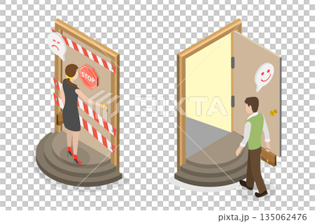3D Isometric Flat  Illustration of Gender Inequality, Bias And Societal Disparity, Sex Discrimination And Social Inequality 135062476