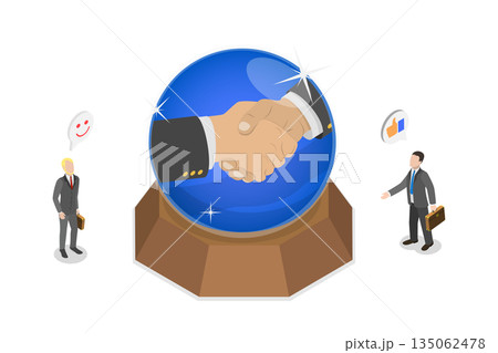 3D Isometric Flat  Illustration of Success Prediction, Future Handshake Businessmen Using Crystal Magic Ball 135062478