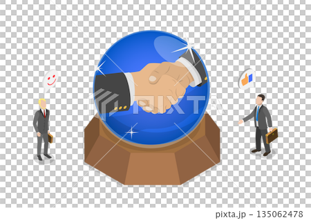 3D Isometric Flat  Illustration of Success Prediction, Future Handshake Businessmen Using Crystal Magic Ball 135062478