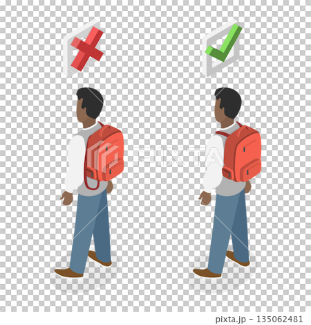 3D Isometric Flat Illustration of Wearing Of Backpack, Impact Of Proper And Improper Backpack Usage On Student Spine And Posture 3D Isometric Flat Illustration of Wearing Of Backpack, Impact Of Proper And Improper Backpack Usage On Student Spine And Posture 135062481
