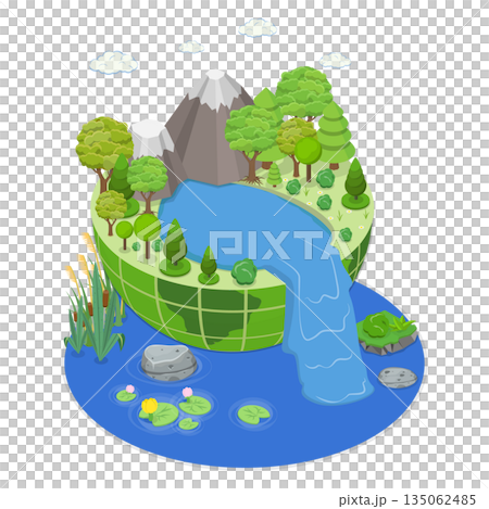 3D Isometric Flat  Illustration of River Day, Landscape With Mountain Views And Surrounding Greenery 135062485