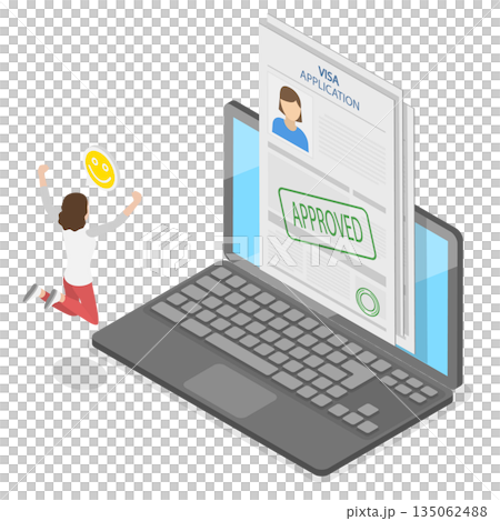 3D Isometric Flat  Illustration of Online Visa Approved, Digital Nomads Approval 135062488