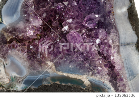 Amethyst Crystal Druse macro mineral on white background Amethyst Crystal Druse macro mineral on white background 135062536