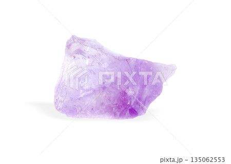 Isolated violet quartz specimen with raw crystalline formations. Natural mineral cluster showcases 135062553