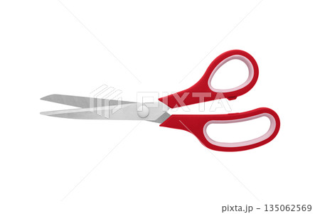 Red Handled Scissors Open on White Background Red Handled Scissors Open on White Background 135062569