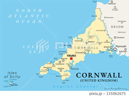 Cornwall, United Kingdom, political map, with the county town Truro, and the Isles of Scilly. Ceremonial county in South West England, bordered by Devon, Atlantic Ocean, and English Channel. Vector 135062675