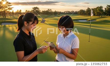 夕暮れのグリーン上で戦略を話し合うジュニアゴルファーの少女たち 135062733