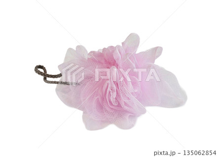 Pink synthetic puff sponge with a rope loop for hanging. 135062854