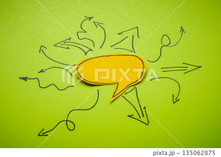 Speech bubble with multiple arrows. Idea exchange. Speech bubble with multiple arrows. Idea exchange. 135062875