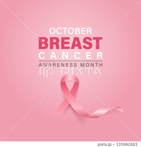 Breast Cancer Awareness Square Poster, Vector Illustration. October Pink Ribbon Illustration. Breast Cancer Awareness Month Banner with Silk Realistic Pink Ribbon. Health Campaign Background 135062881