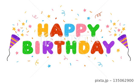 Happy Birthday lettering kid greeting vector design, festive popper cone with confetti, party firecrackers crayon sketch Happy Birthday lettering kid greeting vector design, festive popper cone with confetti, party firecrackers crayon sketch 135062900