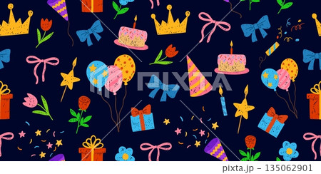 Birthday party festive vector crayon sketch seamless pattern design, gift box, flower, firecracker, balloons cake candle Birthday party festive vector crayon sketch seamless pattern design, gift box, flower, firecracker, balloons cake candle 135062901