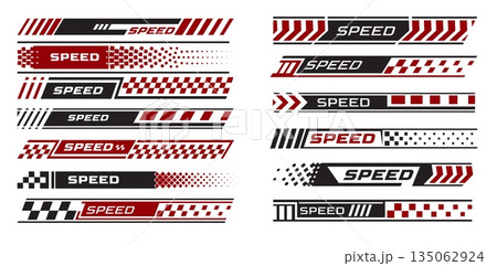 Racing stripes, strips arrows with Speed text, race flag, black, red and white checkers, flag sport car decal vector set 135062924