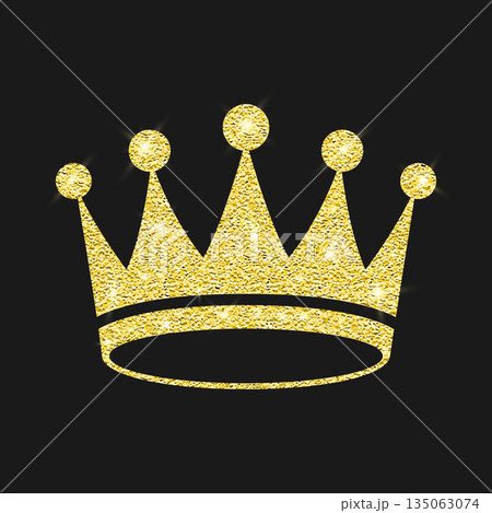 Vector Gold Glitter Crown, Royal Tiara. Luxury Sparkle Emblem on Black. Gold Glitter Crown Icon for Queen and King. Gold Glitter Crown Clipart, Luxury Tiara Logo, Sparkling Jewel 135063074