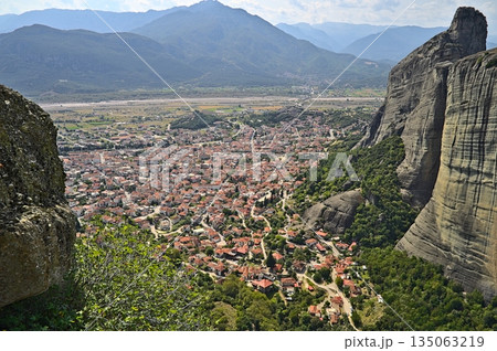View on the city of Kalambaka at the Meteora Monasteries 135063219