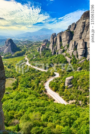 Meteora Monasteries and main road on a sunny day Meteora Monasteries and main road on a sunny day 135063296