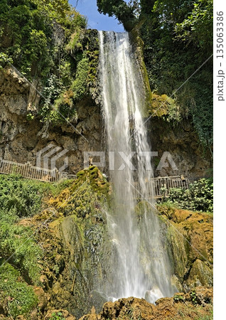 Edessa Waterfalls during summer with little water flow 135063386