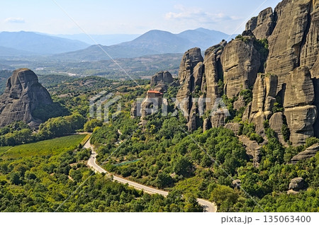 Meteora Monasteries and main road on a sunny day 135063400