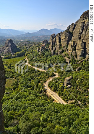 Meteora Monasteries and main road on a sunny day 135063401