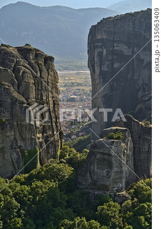 View on the city of Kalambaka at the Meteora Monasteries 135063409