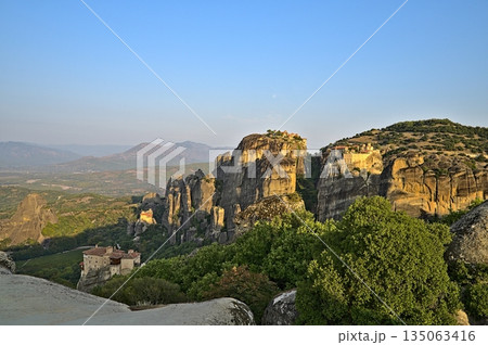 Monastery of Varlaam, Saint Nicholas, Rousanou and Megalo Meteoro on a at sunrise 135063416