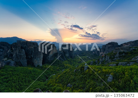 Monastery of Varlaam, Saint Nicholas, Rousanou and Megalo Meteoro at sunset 135063472