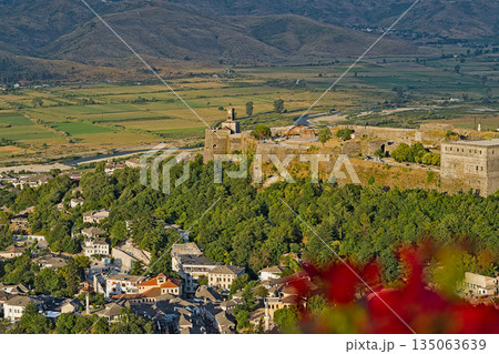 View on the castle of Gjirokastra at sunset View on the castle of Gjirokastra at sunset 135063639