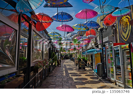 Skopje old bazar alley with umbrella installment 135063746