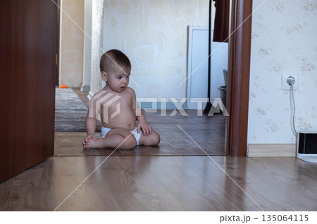 Baby Crawling Near Robotic Vacuum on Wooden Floor 135064115