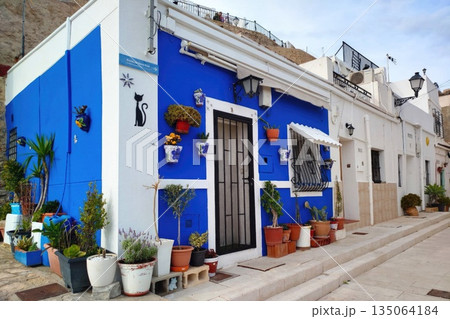 Vibrant blue house adorned with colorful flower pots and decorative elements in Alicante Spain Vibrant blue house adorned with colorful flower pots and decorative elements in Alicante Spain 135064184