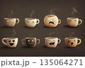 Creative coffee cups displaying a range of emotions in a playful artistic arrangement 135064271