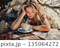 Young woman enjoys a warm cup of coffee while lost in thought in a cozy, natural setting during the afternoon 135064272
