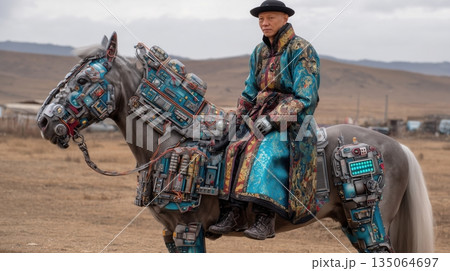 モンゴル衣装とサイバー要素が融合した近未来人物 135064697