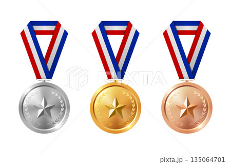 Vector 3d Gold, Silver, Bronze Medal Set, Isolated. Award Medals for Sport. Medal Icon, Isolated. Medal Badge Collection. Winner First Second Third Place Trophy Design Template for Championship 135064701