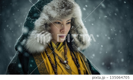 雪原と仏教意匠をまとう幻想的な巫女 135064705