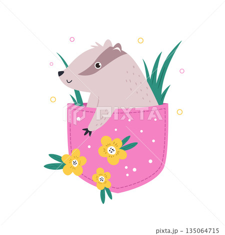 Cute Badger in Pink Pocket with Flowers. Sweet Cartoon Woodland Animal Vector Illustration for Kids 135064715