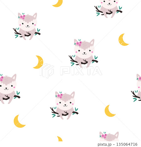 Adorable Baby Fox Character and Crescent Moon Woodland Seamless Pattern 135064716