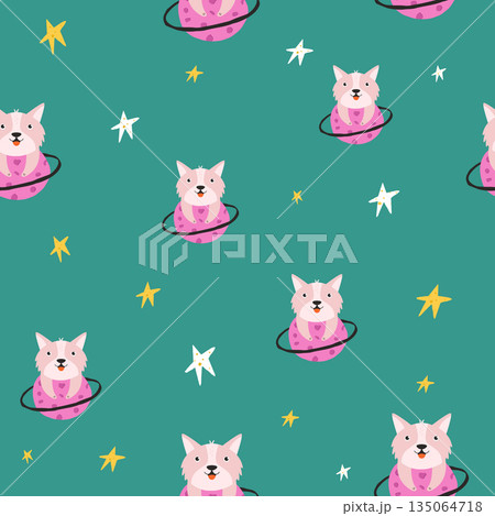 Adorable Corgi Puppy in Outer Space with Stars and Planets Seamless Pattern, Background for Nursery Adorable Corgi Puppy in Outer Space with Stars and Planets Seamless Pattern, Background for Nursery 135064718