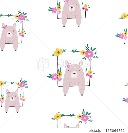 Cute Baby Bear in Floral Frame Seamless Pattern Cartoon Forest Animal Vector Illustration Cute Baby Bear in Floral Frame Seamless Pattern Cartoon Forest Animal Vector Illustration 135064732