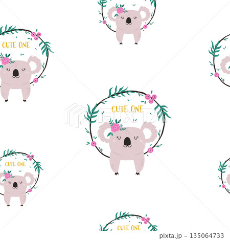 Cute Koala with Floral Wreath Seamless Pattern Cartoon Australian Animal Vector Illustration 135064733